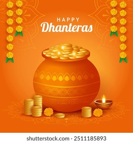 Vector illustration of indian festival happy dhanteras template. Gold coins in pot for dhanteras on festiva celebration background