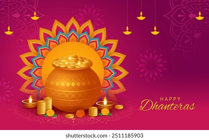 Vector illustration of indian festival happy dhanteras template. Gold coins in pot for dhanteras on festiva celebration background