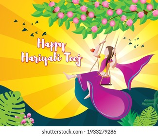 vector illustration of Indian festival hariyali teej, written Hindi text means green teej . married woman enjoy the festival with swing in monsoon on beautiful landscape backdrop.