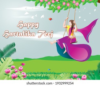 vector illustration of Indian festival Hartalika teej, Hindi written text means Hartalika teej . married woman enjoy the festival with swing in monsoon on beautiful landscape backdrop.