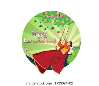 vector illustration of Indian festival Hartalika teej, Hindi written text means Hartalika teej . married woman enjoy the festival with swing in monsoon on beautiful landscape backdrop.