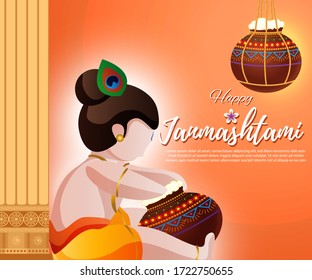 VECTOR ILLUSTRATION FOR INDIAN FESTIVAL JANMAASHTMI , ILLUSTRATION IS SHOWING LITTLE KRISHNA (INDIAN GOD) EATING SWEET BUTTER FROM POT BUTTER IN BACKGROUND OF HANGING POT, CARVED COLUMN 