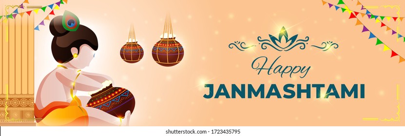 VECTOR ILLUSTRATION FOR INDIAN FESTIVAL JANMAASHTMI , ILLUSTRATION IS SHOWING LITTLE KRISHNA (INDIAN GOD) EATING SWEET BUTTER FROM POT BUTTER IN BACKGROUND OF HANGING POT, CARVED COLUMN 