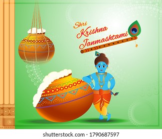 VECTOR ILLUSTRATION FOR INDIAN FESTIVAL JANMAASHTMI , ILLUSTRATION IS SHOWING LITTLE KRISHNA (INDIAN GOD) EATING SWEET BUTTER FROM POT BUTTER IN BACKGROUND OF HANGING POT, CARVED COLUMN 
