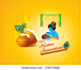 VECTOR ILLUSTRATION FOR INDIAN FESTIVAL JANMAASHTMI , ILLUSTRATION IS SHOWING LITTLE KRISHNA (INDIAN GOD) EATING SWEET BUTTER FROM POT BUTTER IN BACKGROUND OF HANGING POT, CARVED COLUMN 