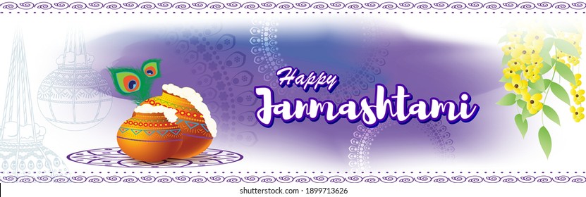 vector illustration for Indian festival Janmashtami, birth of lord Krishna (Hindu god), butter pots, flute on colorful abstract background 