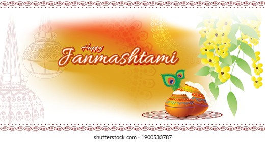 vector illustration for Indian festival Janmashtami, birth of lord Krishna (Hindu god), butter pots, flute on colorful abstract background 