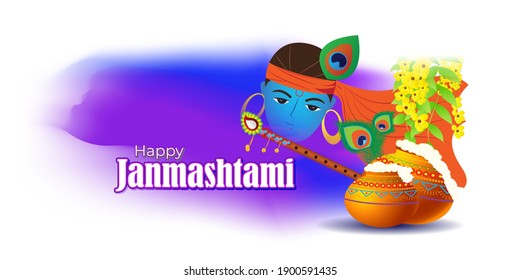 vector illustration for Indian festival Janmashtami, birth of lord Krishna (Hindu god), butter pots, flute on colorful abstract background 