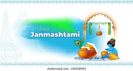 vector illustration for Indian festival Janmashtami, birth of lord Krishna (Hindu god), butter pots, flute on colorful abstract background 