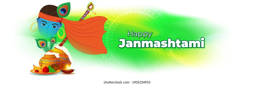 vector illustration for Indian festival Janmashtami, birth of lord Krishna (Hindu god), butter pots, flute on colorful abstract background 