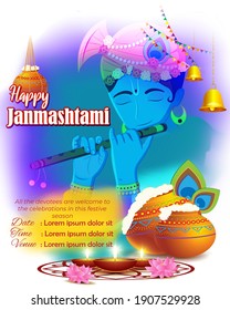 vector illustration for Indian festival Janmashtami, birth of lord Krishna (Hindu god), butter pots, flute on colorful abstract background 