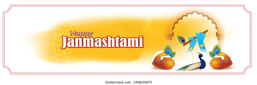 vector illustration for Indian festival Janmashtami, birth of lord Krishna (Hindu god), butter pots, flute on colorful abstract background 