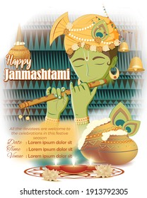 vector illustration for Indian festival Janmashtami, birth of lord Krishna (Hindu god), butter pots, flute on colorful abstract background 