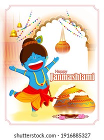 vector illustration for Indian festival Janmashtami, birth of lord Krishna (Hindu god), butter pots, flute on colorful abstract background 