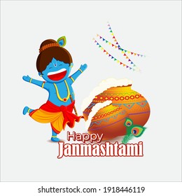 vector illustration for Indian festival Janmashtami, birth of lord Krishna (Hindu god), butter pots, flute on colorful abstract background 