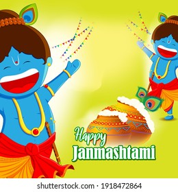 vector illustration for Indian festival Janmashtami, birth of lord Krishna (Hindu god), butter pots, flute on colorful abstract background 