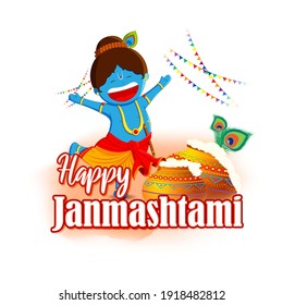 vector illustration for Indian festival Janmashtami, birth of lord Krishna (Hindu god), butter pots, flute on colorful abstract background 