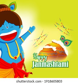 vector illustration for Indian festival Janmashtami, birth of lord Krishna (Hindu god), butter pots, flute on colorful abstract background 