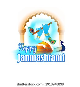 vector illustration for Indian festival Janmashtami, birth of lord Krishna (Hindu god), butter pots, flute on colorful abstract background 