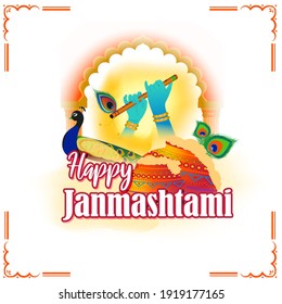 vector illustration for Indian festival Janmashtami, birth of lord Krishna (Hindu god), butter pots, flute on colorful abstract background 
