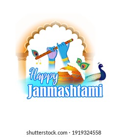 vector illustration for Indian festival Janmashtami, birth of lord Krishna (Hindu god), butter pots, flute on colorful abstract background 