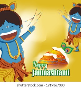 vector illustration for Indian festival Janmashtami, birth of lord Krishna (Hindu god), butter pots, flute on colorful abstract background 