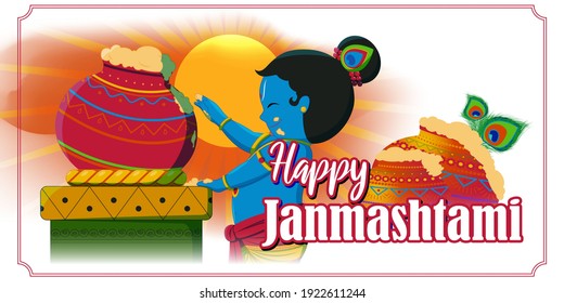 vector illustration for Indian festival Janmashtami, birth of lord Krishna (Hindu god), butter pots, flute on colorful abstract background 