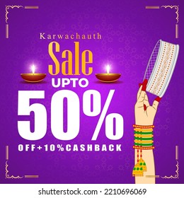 vector illustration for Indian festival Karwa chauth sale banner, offer template.