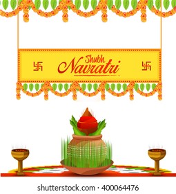 Vector Illustration Of Indian Festival Navratri Celebration Kalash Sthapana.