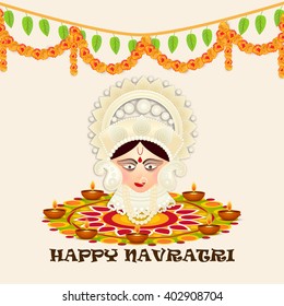 Vector illustration of indian festival navratri with goddess idol maa durga traditional background.
