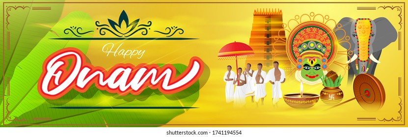 vector illustration for Indian festival Onam with Onam elements banana leaf background 