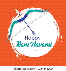 Vector illustration of indian festival Ram Navami with bow and arrow on festive background. Translation: Happy Birthday to Lord Ram. Can be used for patterns, greetings, posters, banners and elements.