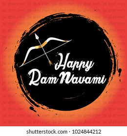 Vector illustration of indian festival Ram Navami with bow and arrow on festive background. Translation: Happy Birthday to Lord Ram. Can be used for patterns, greetings, posters, banners and elements.