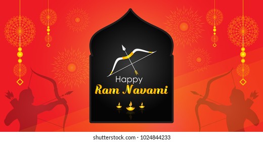 Vector illustration of indian festival Ram Navami with bow and arrow on festive background. Translation: Happy Birthday to Lord Ram. Can be used for patterns, greetings, posters, banners and elements.