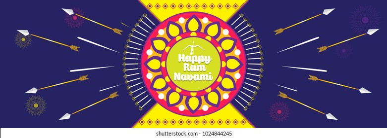 Vector illustration of indian festival Ram Navami with bow and arrow on festive background. Translation: Happy Birthday to Lord Ram. Can be used for patterns, greetings, posters, banners and elements.