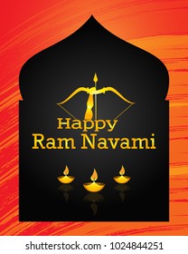 Vector illustration of indian festival Ram Navami with bow and arrow on festive background. Translation: Happy Birthday to Lord Ram. Can be used for patterns, greetings, posters, banners and elements.