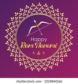 Vector illustration of indian festival Ram Navami with bow and arrow on festive background. Translation: Happy Birthday to Lord Ram. Can be used for patterns, greetings, posters, banners and elements.