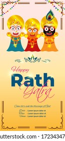 vector illustration for Indian festival Rath Yatra means Chariot Festival.
Illustration of Indian gods on shiny golden background with confetti