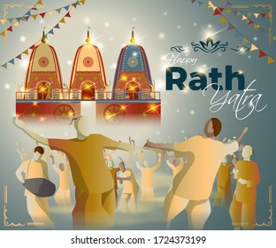 vector illustration for Indian festival Rath Yatra means Chariot Festival.
Illustration with temple on chariot with wheel and shiny background with confetti, peoples are celebrating the festival.