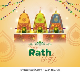 vector illustration for Indian festival Rath Yatra means Chariot Festival.
Illustration with temple on chariot with wheel and shiny background with confetti.