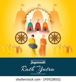 vector illustration for Indian festival Rath Yatra means Chariot Festival.
Illustration with temple on chariot with wheel and shiny background with confetti, peoples are celebrating the festival.