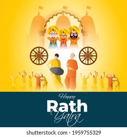 vector illustration for Indian festival Rath Yatra means Chariot Festival.
Illustration with temple on chariot with wheel and shiny background with confetti, peoples are celebrating the festival.