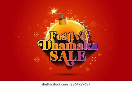 Ilustración vectorial del concepto de venta de festivales indios. Tipografía de venta de dhamaka festiva, diseño de logo con petardos sobre fondo rojo.