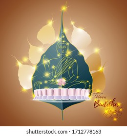 vector illustration for Indian festival with text Buddha Jayanti, Illustration is showing, Buddha sitting on lotus in backdrop of  tree leaves  with  beautiful golden background.