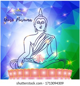 vector illustration for Indian festival with text Guru Purnima means Guru Purnima , Illustration is showing, Buddha sitting on lotus in backdrop of  shiny stars with low poly background.