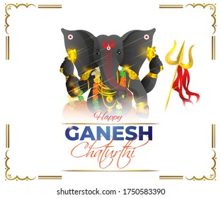 VECTOR ILLUSTRATION FOR INDIAN  FESTIVAL WITH TEXT HAPPY  GANESHA CHATURTHI MEANS "HAPPY GANESH CHATURTHI". WITH LAMP AND DEVOTEES ARE CELEBRATING FESTIVAL   