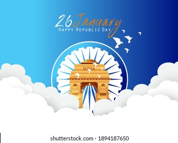 Ilustración vectorial de la bandera india con fondo de nube para el Día de la República. EPS 10.