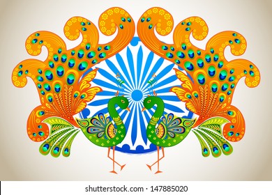 vector illustration of Indian flag colored decorated peacock