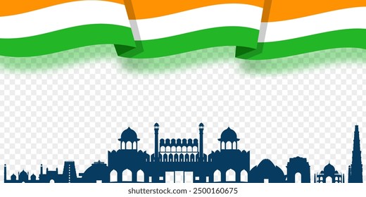 Ilustración vectorial de la bandera india y el fondo indio de los monumentos con fondo transparente