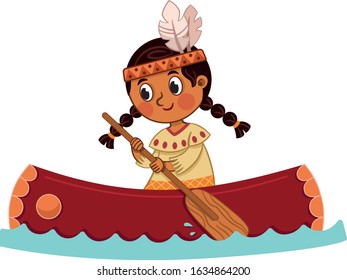 Vector Illustration of an Indian Girl with Canoe.